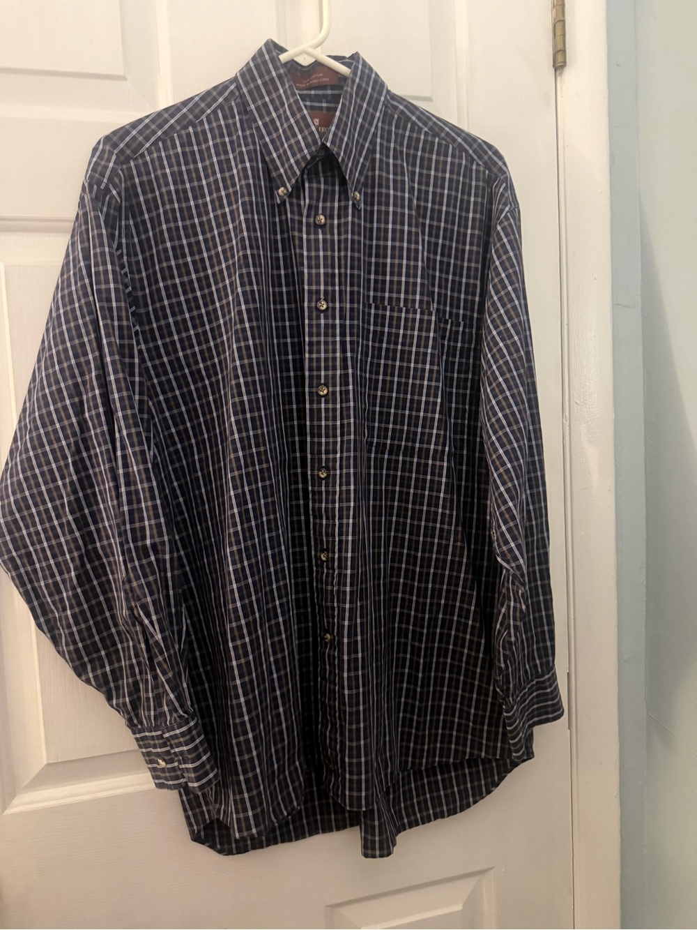 Nordstrom Men’s Medium Plaid Cotton Button-Down Shirt Navy Brown